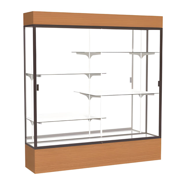Reliant Lighted Carmel Oak case, Mirror Back w/ Dark Bronze aluminum frame finish, 80"H x 72"W x 16"D