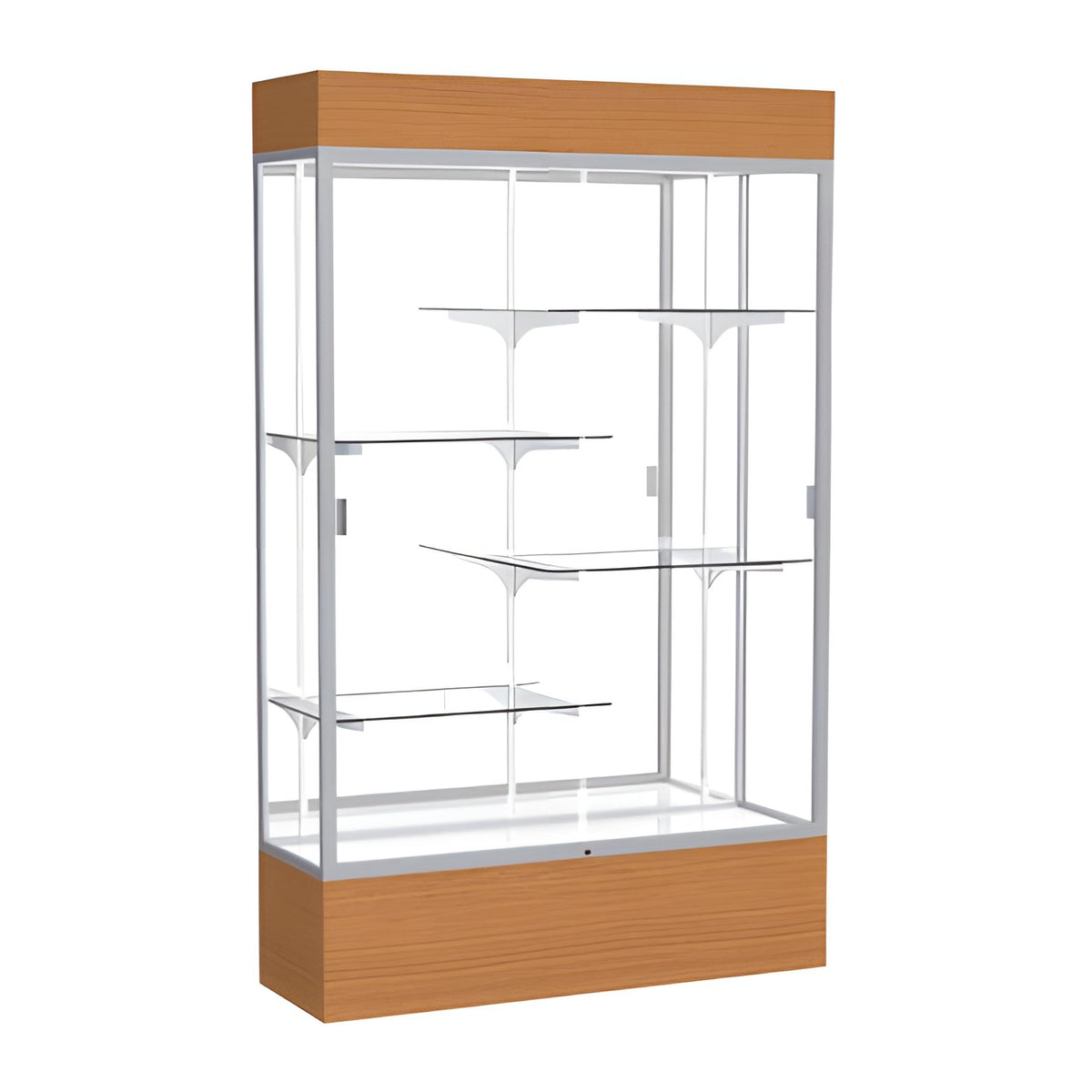 Reliant Lighted Carmel Oak case, Mirror Back w/ Satin Natural aluminum frame finish, 80"H x 48"W x 16"D