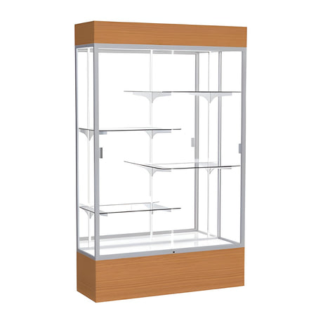 Reliant Lighted Carmel Oak case, Mirror Back w/ Satin Natural aluminum frame finish, 80"H x 48"W x 16"D