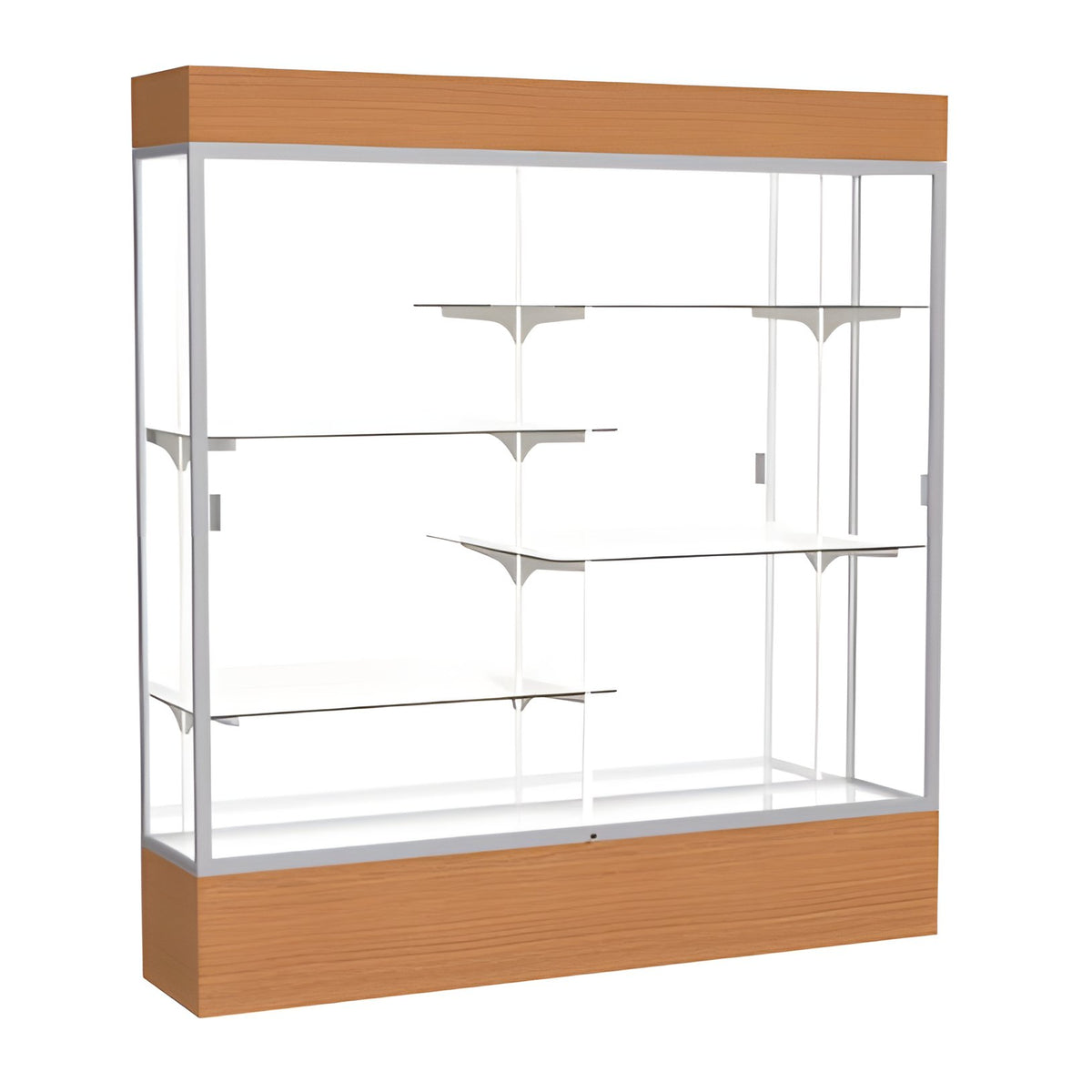 Reliant Lighted Carmel Oak case, Mirror Back w/ Satin Natural aluminum frame finish, 80"H x 72"W x 16"D