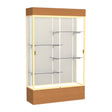 Reliant Lighted Carmel Oak case, Plaque Fabric Back w/ Champagne aluminum frame finish, 80"H x 48"W x 16"D