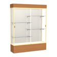Reliant Lighted Carmel Oak case, Plaque Fabric Back w/ Champagne aluminum frame finish, 80"H x 60"W x 16"D