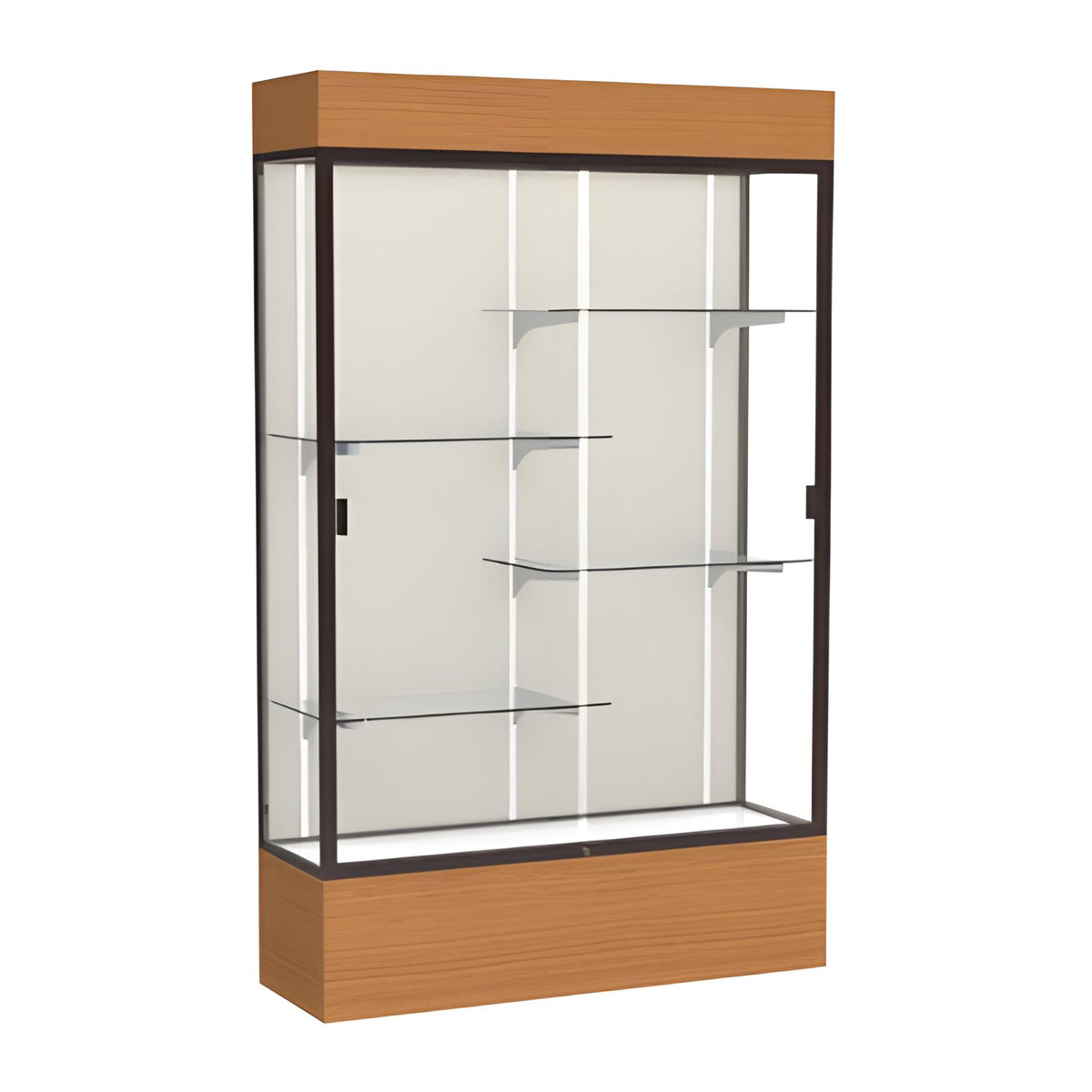 Reliant Lighted Carmel Oak case, Plaque Fabric Back w/ Dark Bronze aluminum frame finish, 80"H x 48"W x 16"D