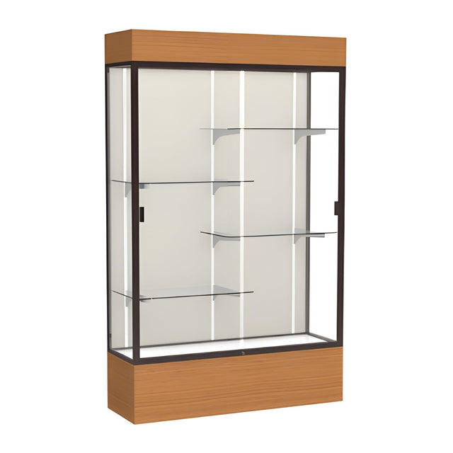 Reliant Lighted Carmel Oak case, Plaque Fabric Back w/ Dark Bronze aluminum frame finish, 80"H x 48"W x 16"D