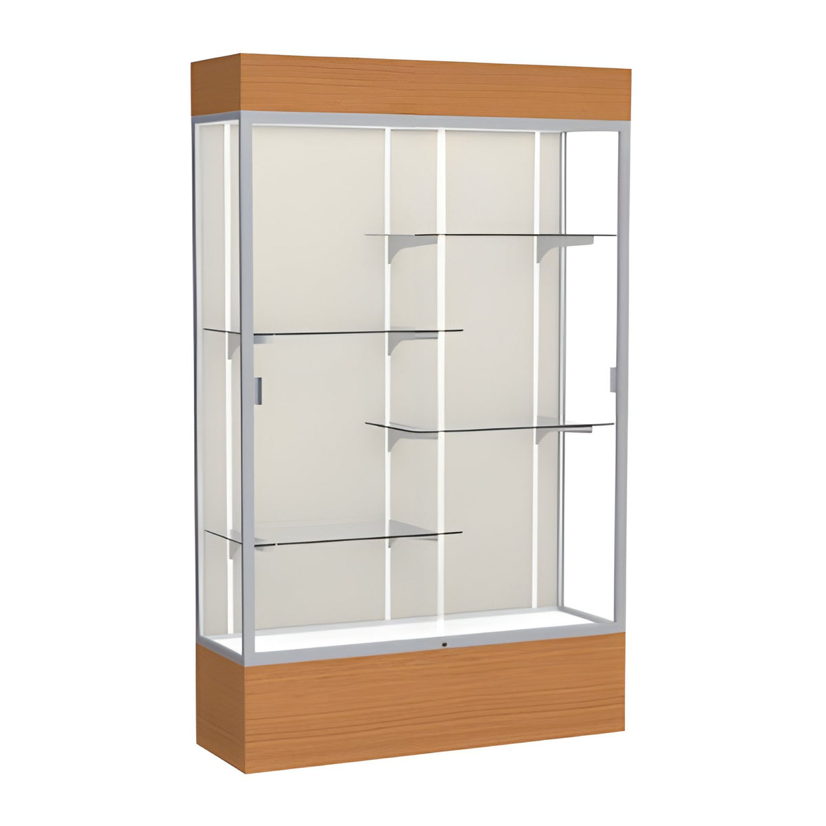 Reliant Lighted Carmel Oak case, Plaque Fabric Back w/ Satin Natural aluminum frame finish, 80"H x 48"W x 16"D