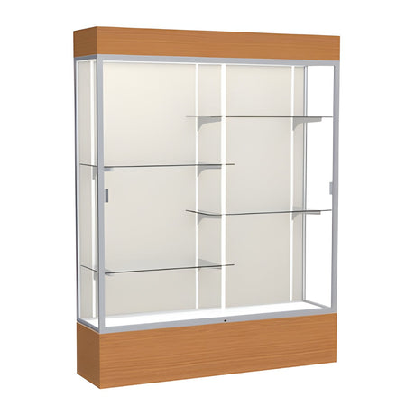 Reliant Lighted Carmel Oak case, Plaque Fabric Back w/ Satin Natural aluminum frame finish, 80"H x 60"W x 16"D