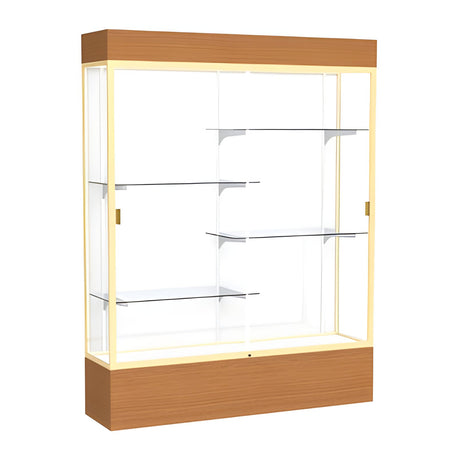 Reliant Lighted Carmel Oak case, White Laminate Back w/ Champagne aluminum frame finish, 80"H x 60"W x 16"D