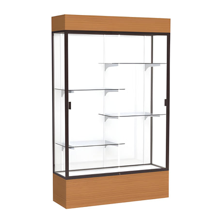 Reliant Lighted Carmel Oak case, White Laminate Back w/ Dark Bronze aluminum frame finish, 80"H x 48"W x 16"D