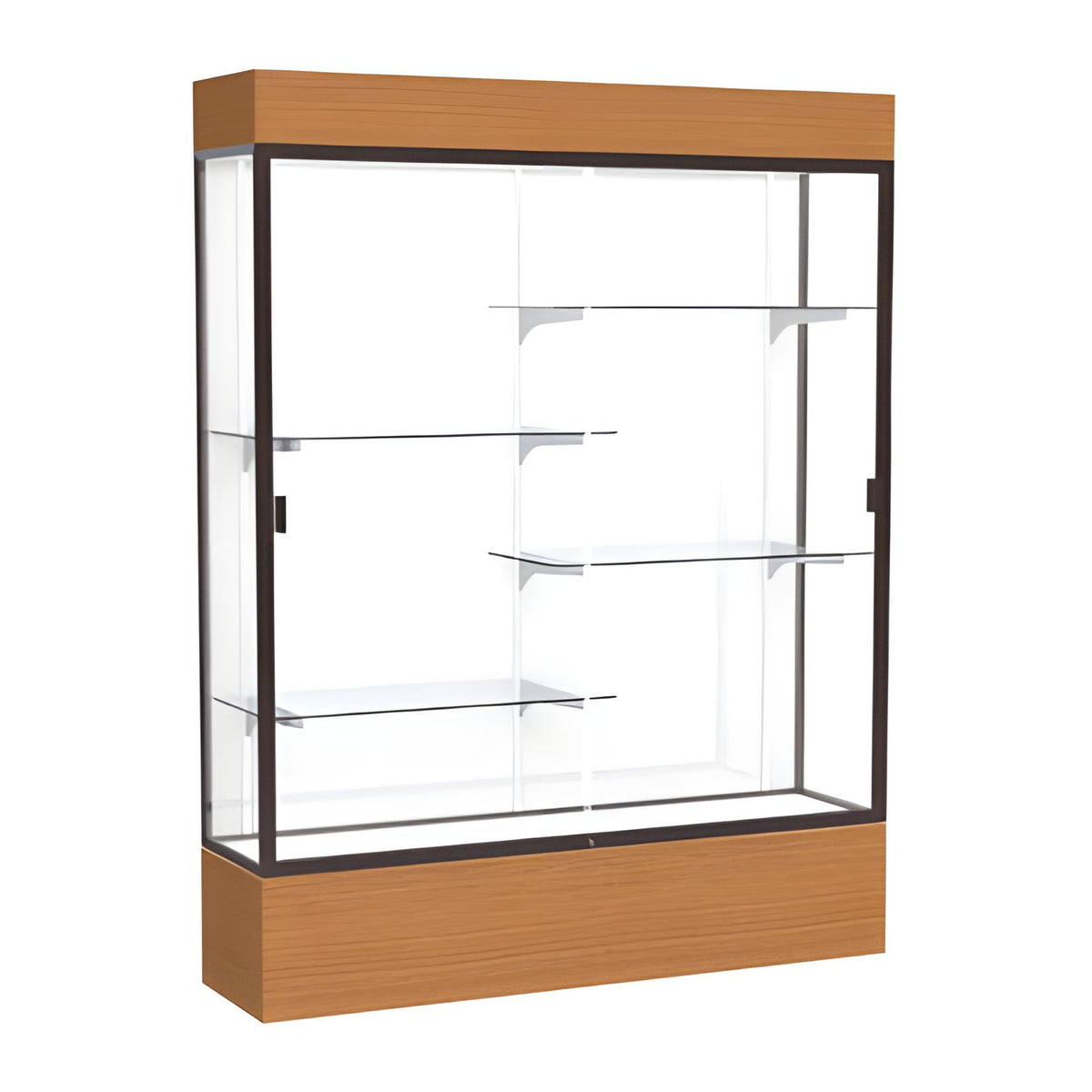 Reliant Lighted Carmel Oak case, White Laminate Back w/ Dark Bronze aluminum frame finish, 80"H x 60"W x 16"D