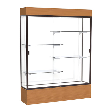 Reliant Lighted Carmel Oak case, White Laminate Back w/ Dark Bronze aluminum frame finish, 80"H x 60"W x 16"D