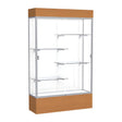 Reliant Lighted Carmel Oak case, White Laminate Back w/ Satin Natural aluminum frame finish, 80"H x 48"W x 16"D