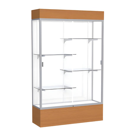 Reliant Lighted Carmel Oak case, White Laminate Back w/ Satin Natural aluminum frame finish, 80"H x 48"W x 16"D