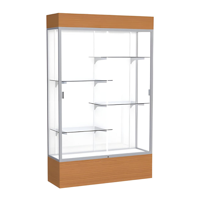 Reliant Lighted Carmel Oak case, White Laminate Back w/ Satin Natural aluminum frame finish, 80"H x 48"W x 16"D
