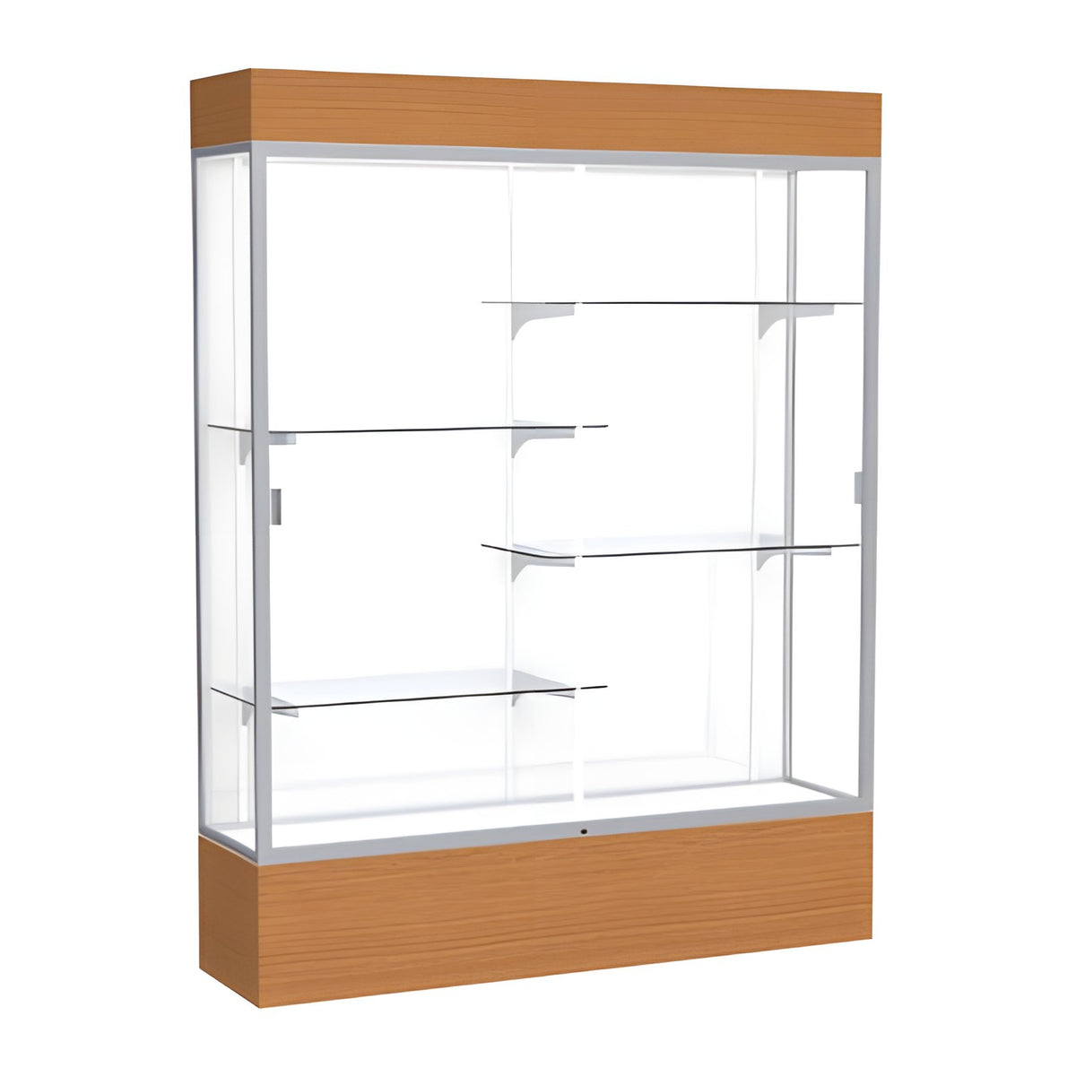 Reliant Lighted Carmel Oak case, White Laminate Back w/ Satin Natural aluminum frame finish, 80"H x 60"W x 16"D