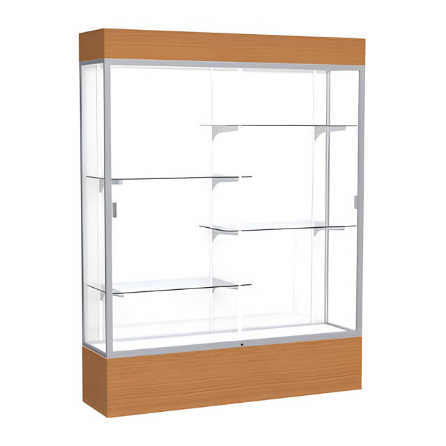 Reliant Lighted Carmel Oak case, White Laminate Back w/ Satin Natural aluminum frame finish, 80"H x 60"W x 16"D
