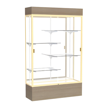 Reliant Lighted Driftwood Oak case, Mirror Back w/ Champagne aluminum frame finish, 80"H x 48"W x 16"D