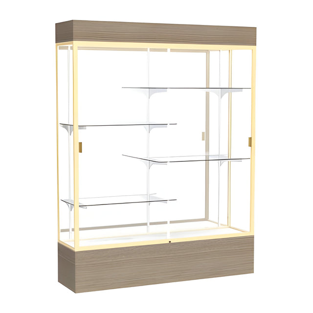 Reliant Lighted Driftwood Oak case, Mirror Back w/ Champagne aluminum frame finish, 80"H x 60"W x 16"D