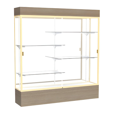 Reliant Lighted Driftwood Oak case, Mirror Back w/ Champagne aluminum frame finish, 80"H x 72"W x 16"D