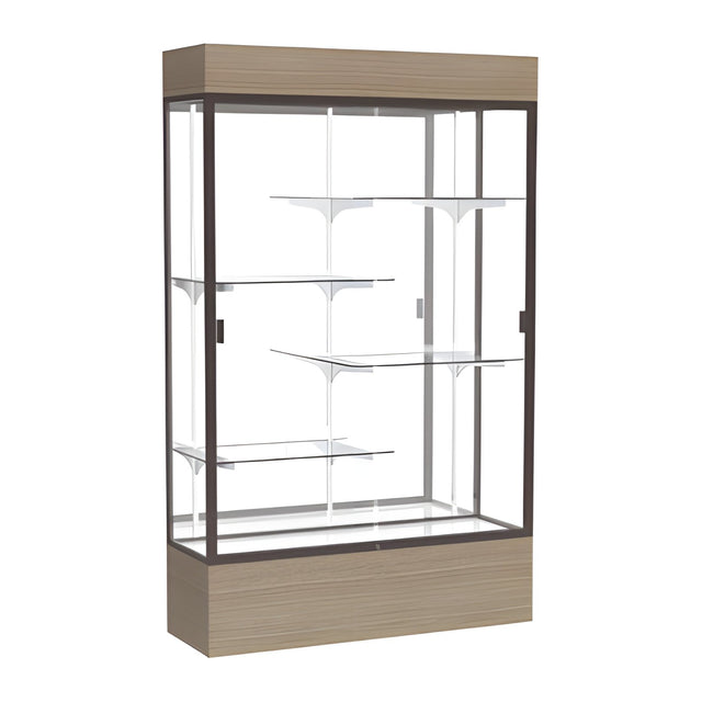 Reliant Lighted Driftwood Oak case, Mirror Back w/ Dark Bronze aluminum frame finish, 80"H x 48"W x 16"D
