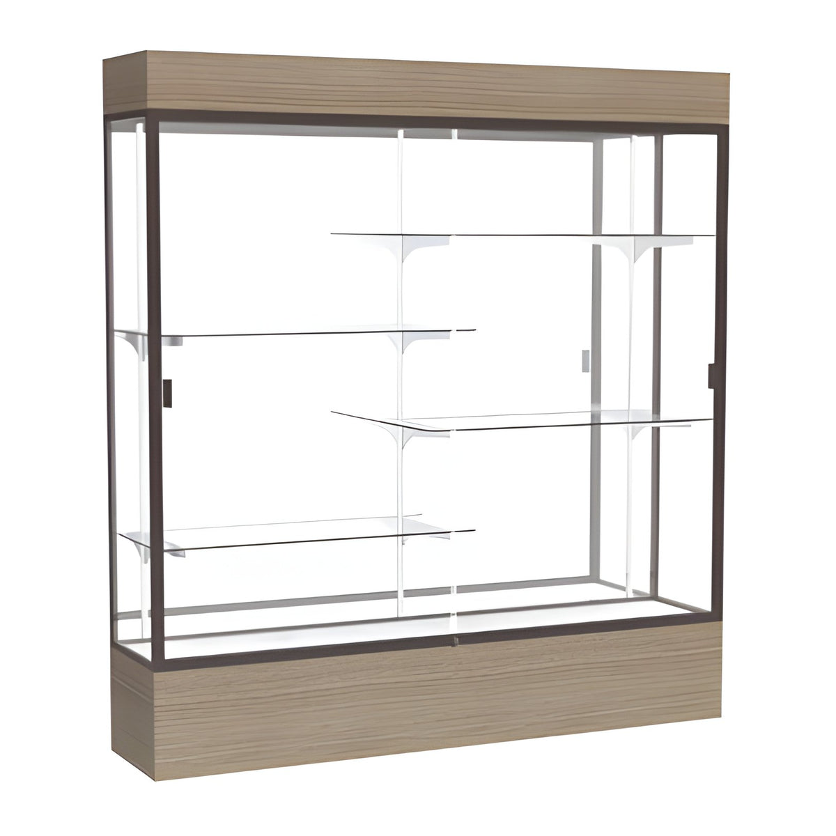 Reliant Lighted Driftwood Oak case, Mirror Back w/ Dark Bronze aluminum frame finish, 80"H x 72"W x 16"D