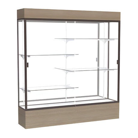 Reliant Lighted Driftwood Oak case, Mirror Back w/ Dark Bronze aluminum frame finish, 80"H x 72"W x 16"D