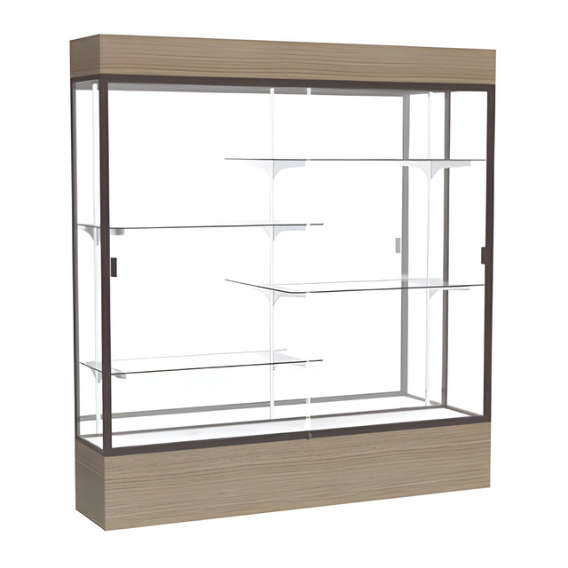 Reliant Lighted Driftwood Oak case, Mirror Back w/ Dark Bronze aluminum frame finish, 80"H x 72"W x 16"D