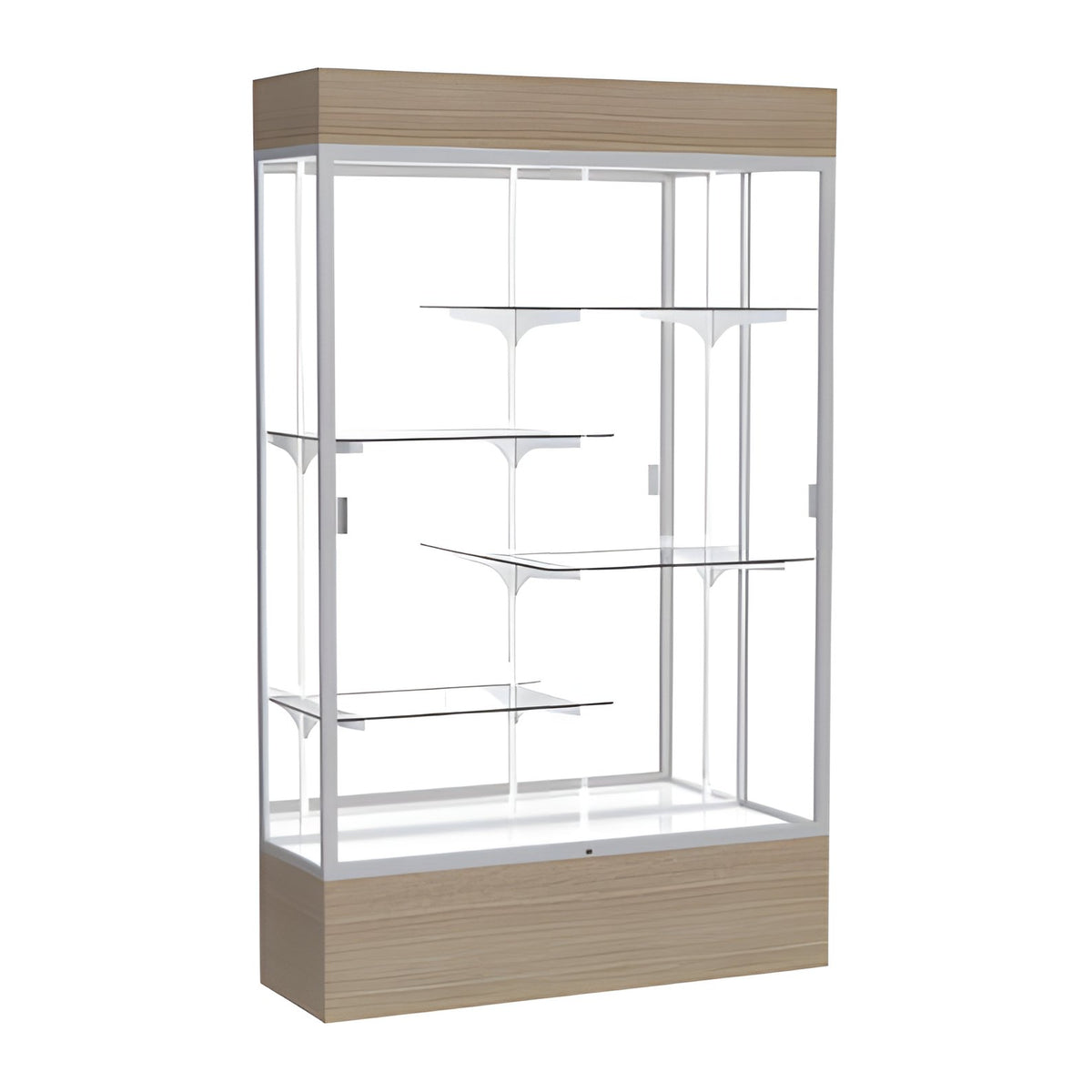 Reliant Lighted Driftwood Oak case, Mirror Back w/ Satin Natural aluminum frame finish, 80"H x 48"W x 16"D