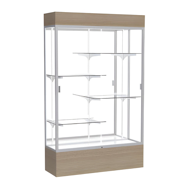 Reliant Lighted Driftwood Oak case, Mirror Back w/ Satin Natural aluminum frame finish, 80"H x 48"W x 16"D