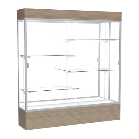 Reliant Lighted Driftwood Oak case, Mirror Back w/ Satin Natural aluminum frame finish, 80"H x 72"W x 16"D