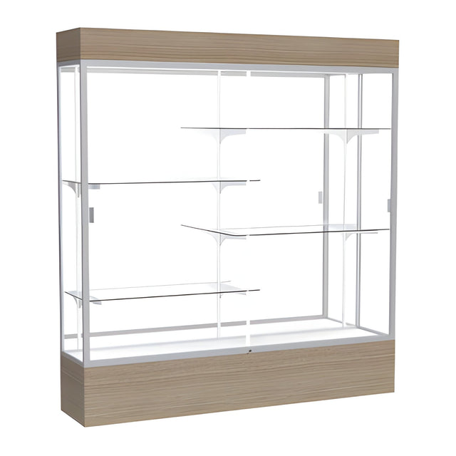 Reliant Lighted Driftwood Oak case, Mirror Back w/ Satin Natural aluminum frame finish, 80"H x 72"W x 16"D