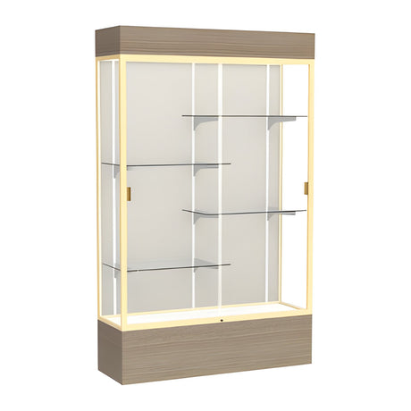 Reliant Lighted Driftwood Oak case, Plaque Fabric Back w/ Champagne aluminum frame finish, 80"H x 48"W x 16"D