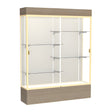 Reliant Lighted Driftwood Oak case, Plaque Fabric Back w/ Champagne aluminum frame finish, 80"H x 60"W x 16"D