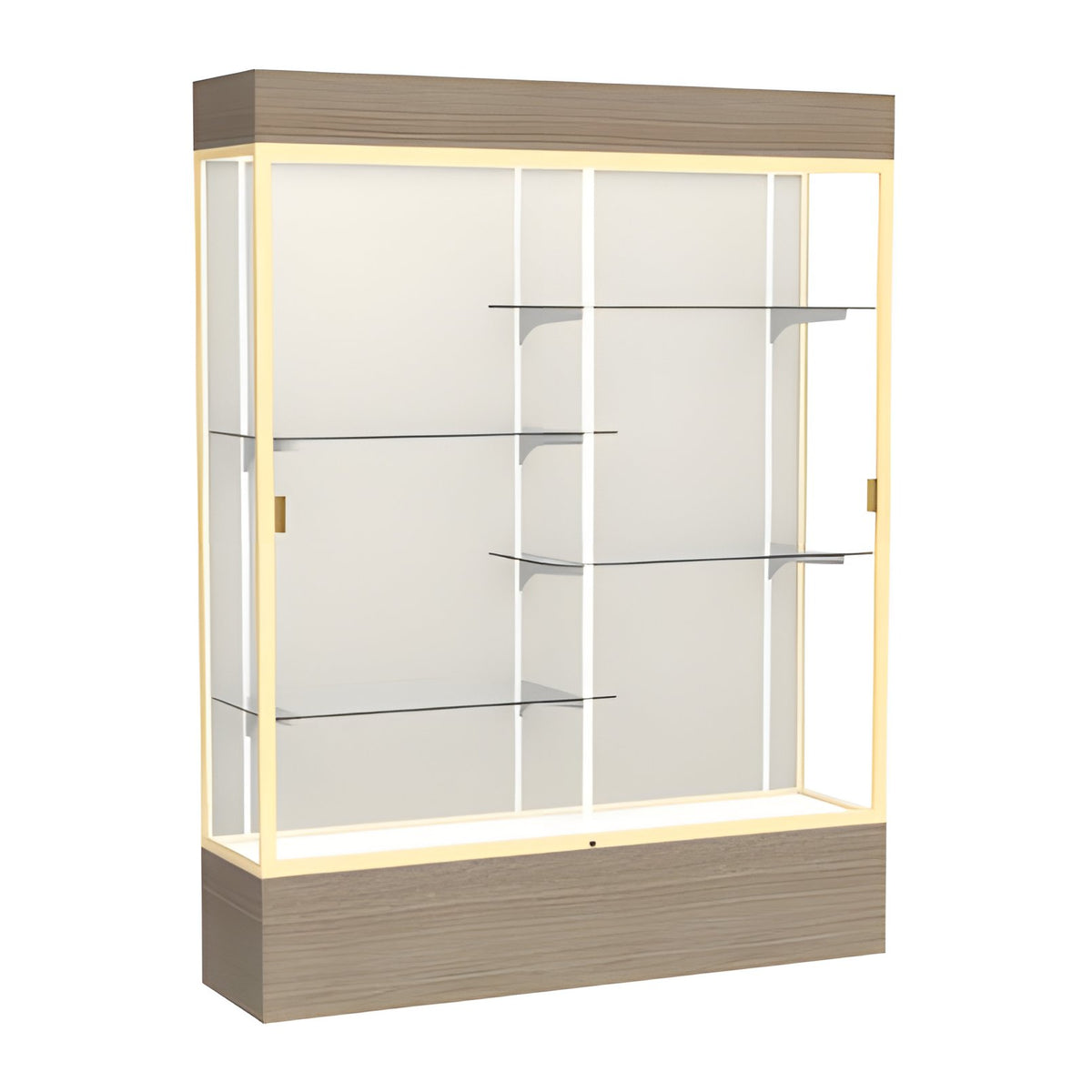 Reliant Lighted Driftwood Oak case, Plaque Fabric Back w/ Champagne aluminum frame finish, 80"H x 60"W x 16"D