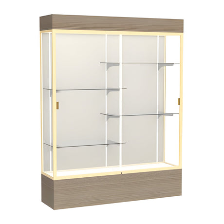 Reliant Lighted Driftwood Oak case, Plaque Fabric Back w/ Champagne aluminum frame finish, 80"H x 60"W x 16"D