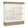 Reliant Lighted Driftwood Oak case, Plaque Fabric Back w/ Champagne aluminum frame finish, 80"H x 72"W x 16"D