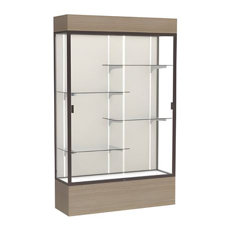 Reliant Lighted Driftwood Oak case, Plaque Fabric Back w/ Dark Bronze aluminum frame finish, 80"H x 48"W x 16"D
