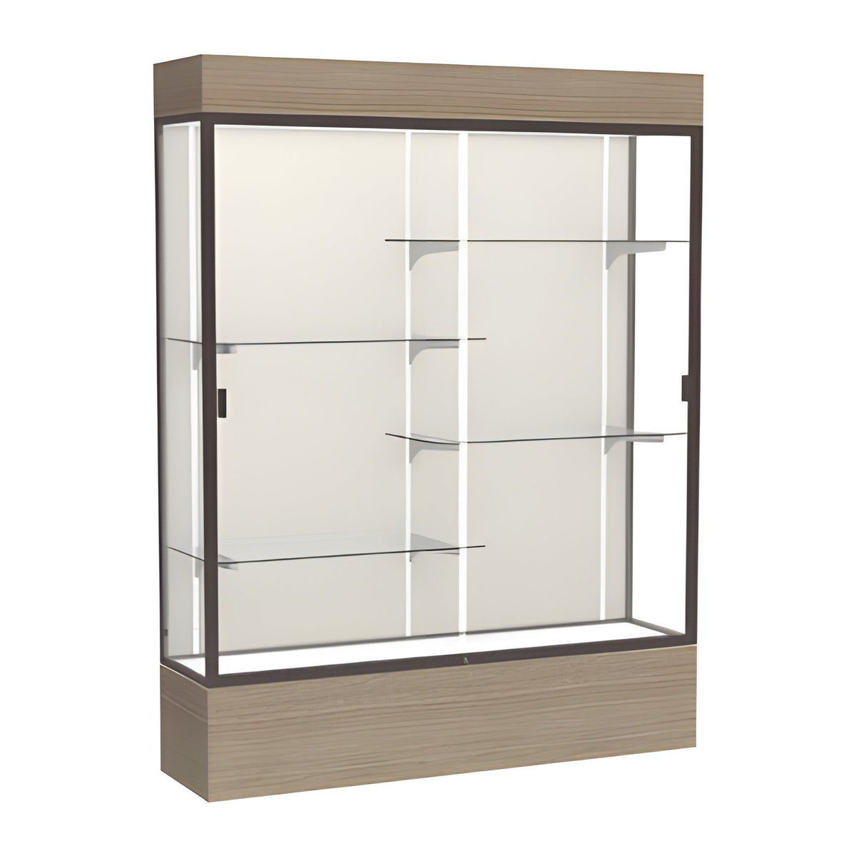 Reliant Lighted Driftwood Oak case, Plaque Fabric Back w/ Dark Bronze aluminum frame finish, 80"H x 60"W x 16"D