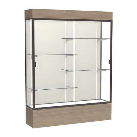 Reliant Lighted Driftwood Oak case, Plaque Fabric Back w/ Dark Bronze aluminum frame finish, 80"H x 60"W x 16"D