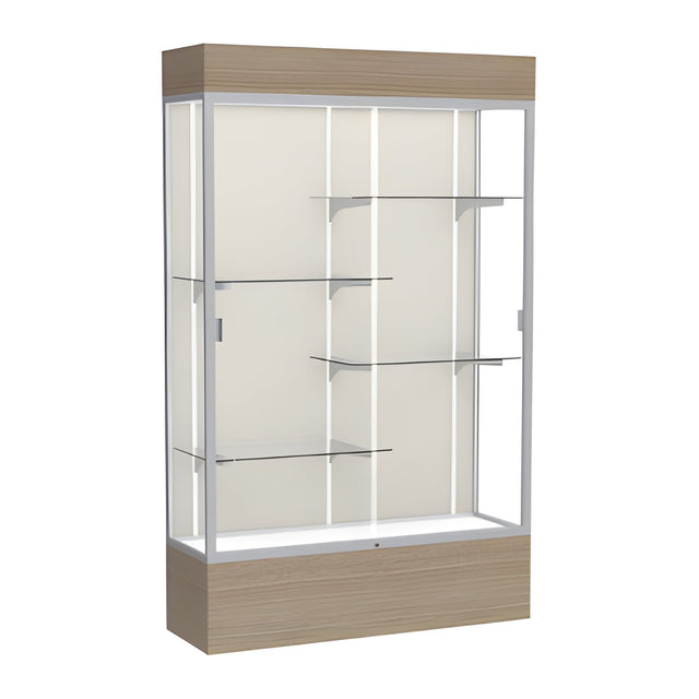 Reliant Lighted Driftwood Oak case, Plaque Fabric Back w/ Satin Natural aluminum frame finish, 80"H x 48"W x 16"D