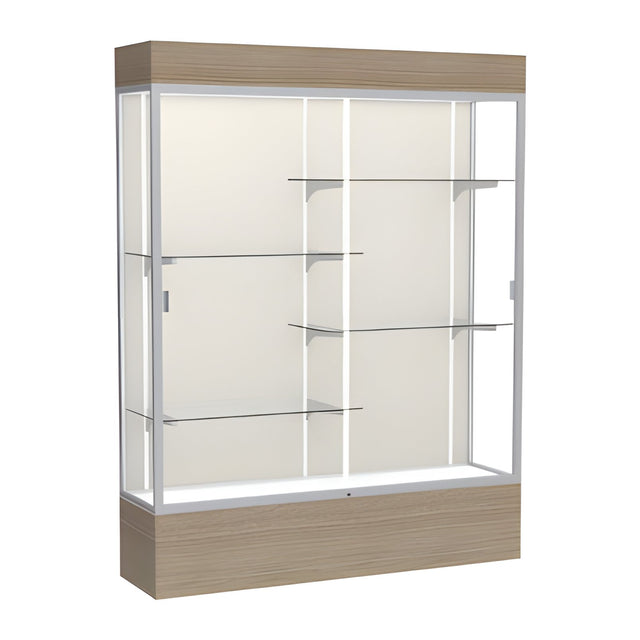 Reliant Lighted Driftwood Oak case, Plaque Fabric Back w/ Satin Natural aluminum frame finish, 80"H x 60"W x 16"D