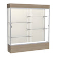 Reliant Lighted Driftwood Oak case, Plaque Fabric Back w/ Satin Natural aluminum frame finish, 80"H x 72"W x 16"D
