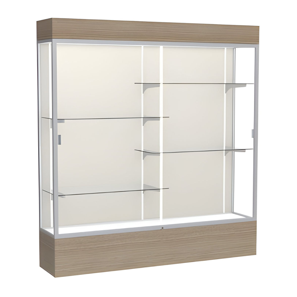Reliant Lighted Driftwood Oak case, Plaque Fabric Back w/ Satin Natural aluminum frame finish, 80"H x 72"W x 16"D