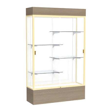 Reliant Lighted Driftwood Oak case, White Laminate Back w/ Champagne aluminum frame finish, 80"H x 48"W x 16"D