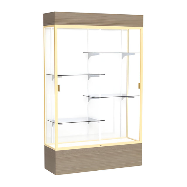 Reliant Lighted Driftwood Oak case, White Laminate Back w/ Champagne aluminum frame finish, 80"H x 48"W x 16"D
