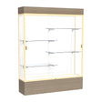Reliant Lighted Driftwood Oak case, White Laminate Back w/ Champagne aluminum frame finish, 80"H x 60"W x 16"D
