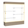Reliant Lighted Driftwood Oak case, White Laminate Back w/ Champagne aluminum frame finish, 80"H x 72"W x 16"D