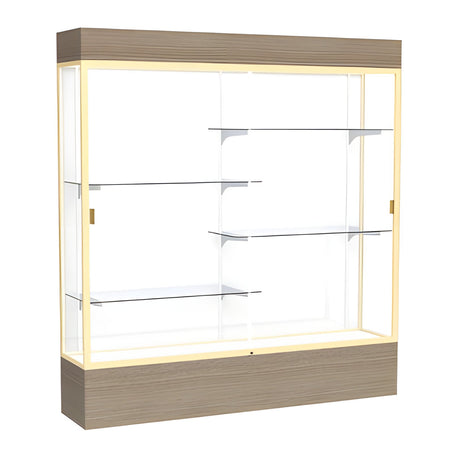 Reliant Lighted Driftwood Oak case, White Laminate Back w/ Champagne aluminum frame finish, 80"H x 72"W x 16"D