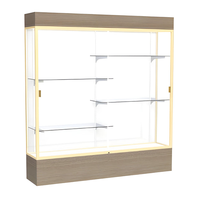 Reliant Lighted Driftwood Oak case, White Laminate Back w/ Champagne aluminum frame finish, 80"H x 72"W x 16"D