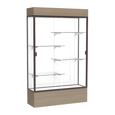 Reliant Lighted Driftwood Oak case, White Laminate Back w/ Dark Bronze aluminum frame finish, 80"H x 48"W x 16"D