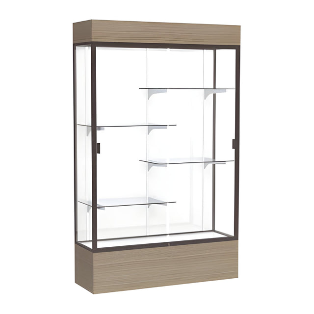 Reliant Lighted Driftwood Oak case, White Laminate Back w/ Dark Bronze aluminum frame finish, 80"H x 48"W x 16"D